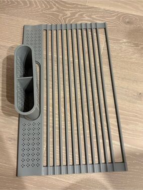 Gray Over-Sink Roll-Up Dish Drying Rack with Utensil Holder